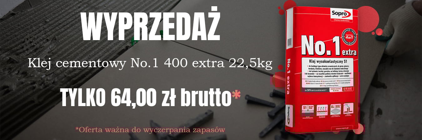 Baner dotyczący wyprzedaży kleju Sopro w sklepie Stemar, Gorzów Wielkopolski