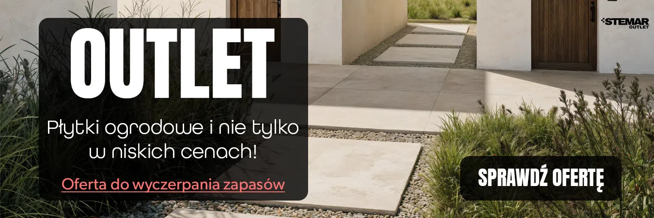 Baner przedstawiający płytki ogrodowe, ułożone na ziemi, efekt kamienia naturalnego w koloże beżu