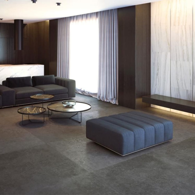 Porcelanosa Bottega Antracita L 120×120 cm — wielkoformatowy gres porcelanowy, mat, głęboka antracytowa szarość,wizualizacja.