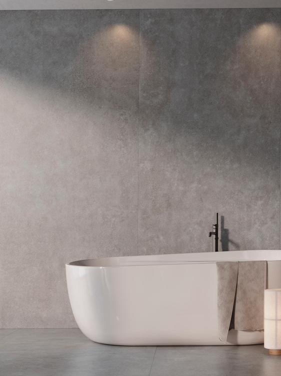 Porcelanosa Bottega Acero Nature 01 120×270 cm — wielkoformatowa płyta ścienna w eleganckiej szarości, mat, wizualizacja.