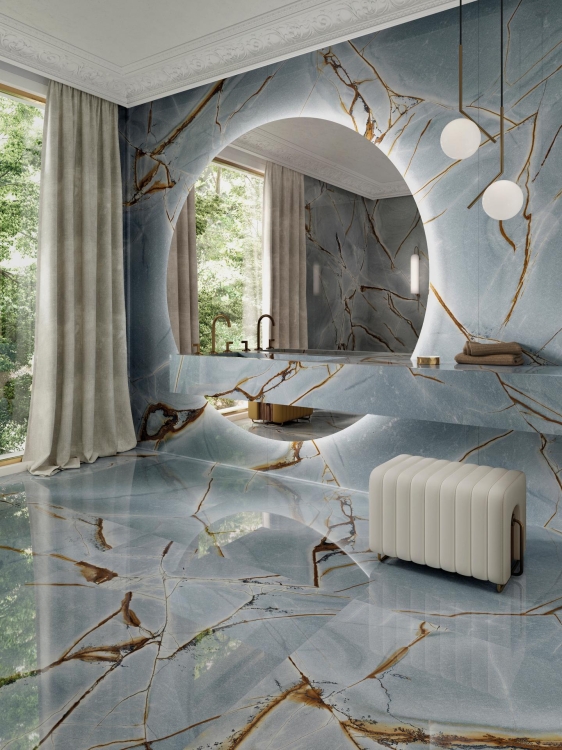 Porcelanosa Blue Roma 120x270 Silk- Płytka gresowa,szaroniebieska tonacja z miedzianymi żyłkami, wizualizacja.