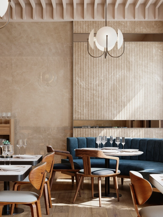 Porcelanosa Beige Velluto Pol. 120x270 - Płytka wielkoformatowa gresowa, kolor beżowy. Wizualizacja.