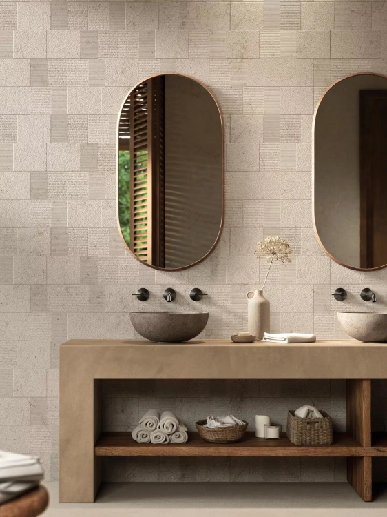 Porcelanosa Block Dorcia Bone 59,6x150 - Płytka ścienna, kolor beżowy. Wizualizacja.