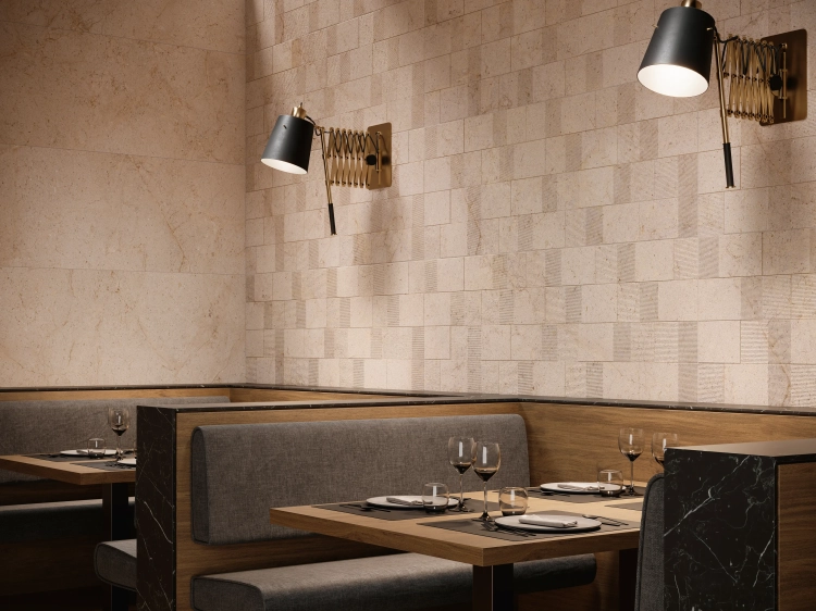 Porcelanosa Block Dorcia Marfil 59,6x150 - Płytka ścienna, kolor kremowo-  beżowy. Wizualizacja.