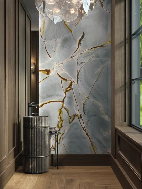 Porcelanosa Blue Roma Polished - Wielkoformatowa płyta w połysku, imitacja kamienia. Wizualizacja.
