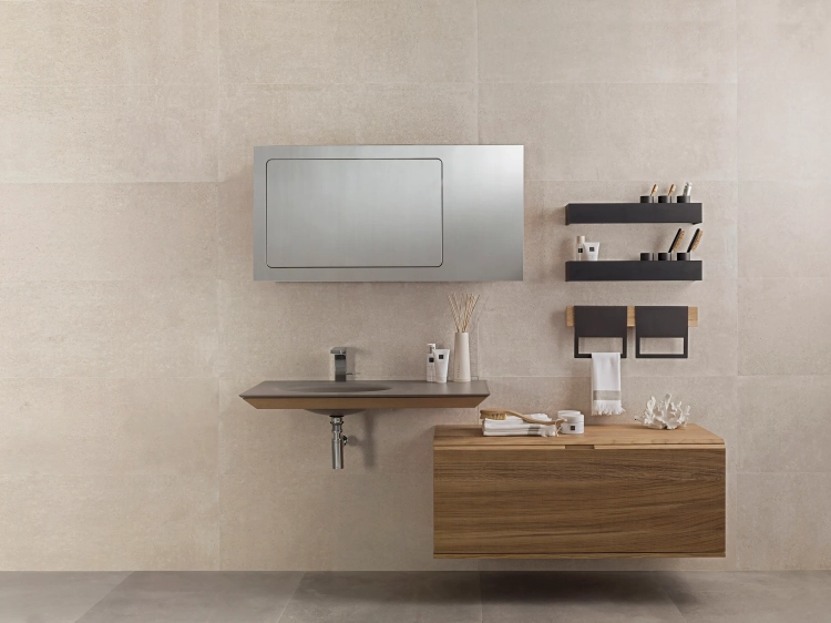 Porcelanosa Bottega Caliza 59,6×120 cm — gres porcelanowy, mat, jasna beżowo-szara tonacja