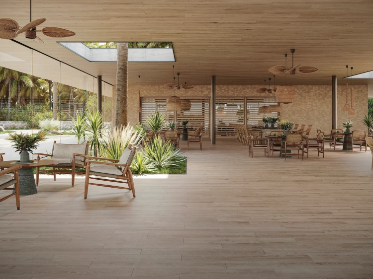 BREMEN ASH 19,3×120 cm – gres drewnopodobny, jasny dąb, mat, rektyfikowany, wizualizacja.