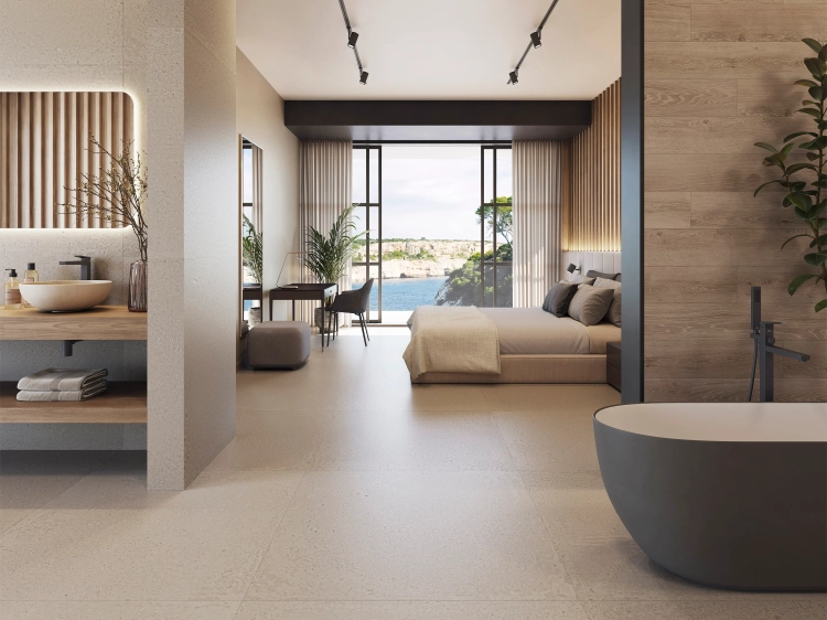 BREMEN NUT 19,3×120 cm – gres drewnopodobny, orzechowy brąz, mat, rektyfikowany, wizualizacja.