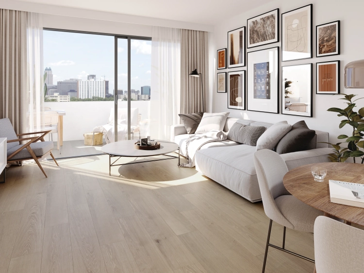 BREMEN NUT 19,3×120 cm – gres drewnopodobny, orzechowy brąz, mat, rektyfikowany, wizualizacja.