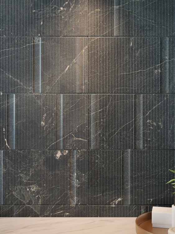 BROOKLYN MARQUINA 45×120 cm – płytka ścienna, matowa, czarny marmur z białym użyleniem, wizualizacja.