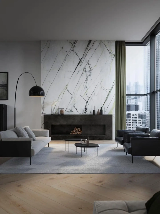 Porcelanosa CALACATTA GREEN SILK 02 120×270 cm – gres ścienny satynowy z kontynuacją wzoru, wizualizacja.