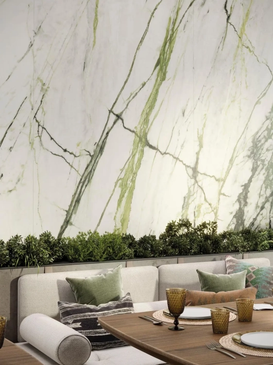 Porcelanosa CALACATTA GREEN SILK 120×120 cm – gres podłogowy satynowy, wizualizacja.