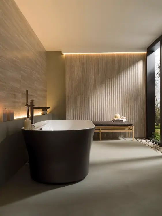 Porcelanosa CANAL ROMA NOCE 45×120 cm – płytka ścienna strukturalna w odcieniu drewna orzechowego, wizualizacja.