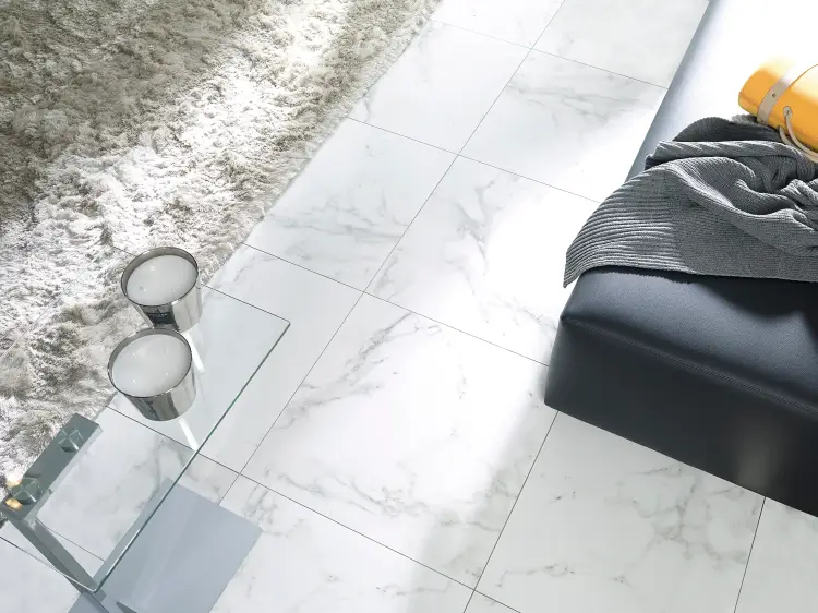 Porcelanosa CARRARA BLANCO NATURAL L 59,6×59,6 cm – gres podłogowy matowy inspirowany marmurem Carrara, wizualizacja.