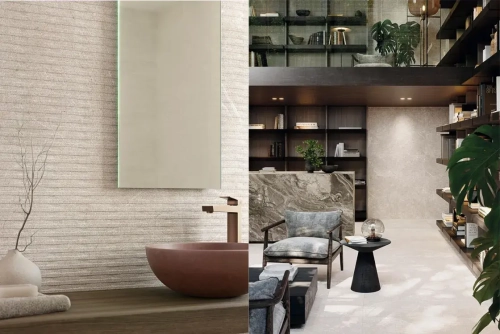 PORCELANOSA COIN SADDLE CALIZA 45×120 cm – płytka ścienna w odcieniu beżowym, wizualizacja.