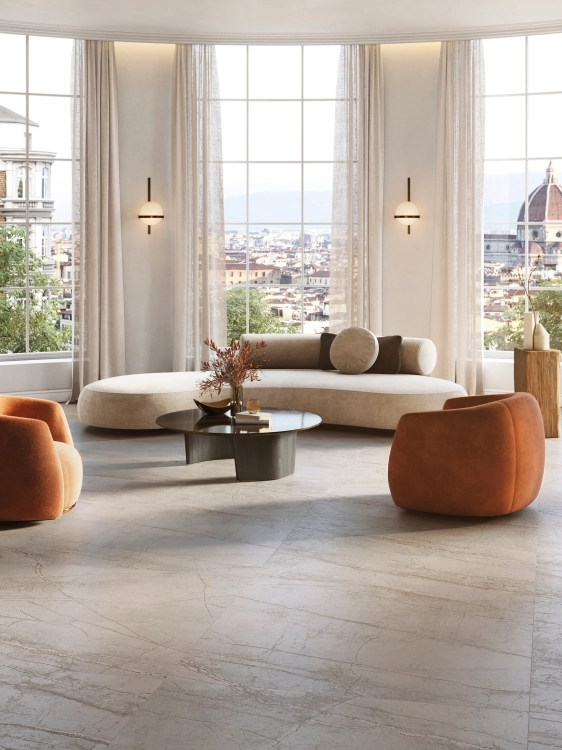 PORCELANOSA COLORADO SILVER L 120×120 cm – gres podłogowy w odcieniu jasnej szarości, wizualizacja.