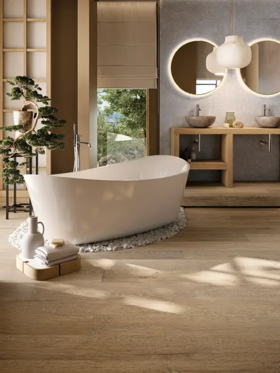 PORCELANOSA CORAL ACERO 45×120 cm – płytka ścienna w odcieniu stalowej szarości (acero), wizualizacja.