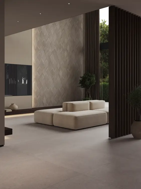 PORCELANOSA CORAL ACERO L 120×120 cm – gres podłogowy w odcieniu stalowej szarości (acero), wizualizacja.