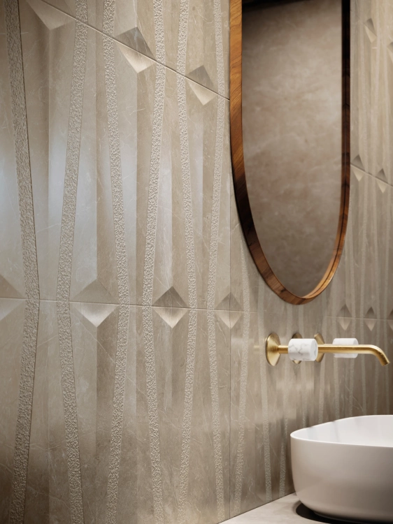 PORCELANOSA DECO BEIGE VELLUTO 59,6×150 cm – płytka ścienna w odcieniu beżowym (beige) Wizualizacja.