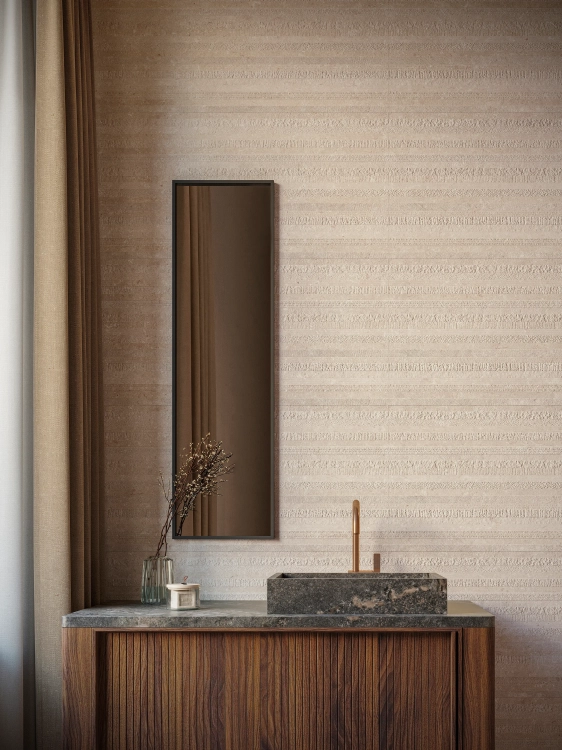 PORCELANOSA DECO CORAL CALIZA 45×120 cm – płytka ścienna w odcieniu jasnego beżu (caliza) Wizualizacja.