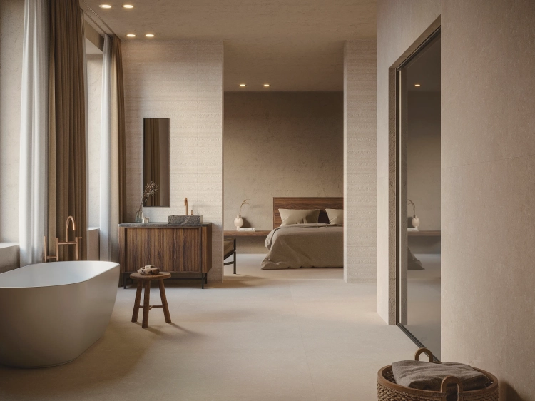 PORCELANOSA DECO CORAL CALIZA 45×120 cm – płytka ścienna w odcieniu jasnego beżu (caliza) Wizualizacja.