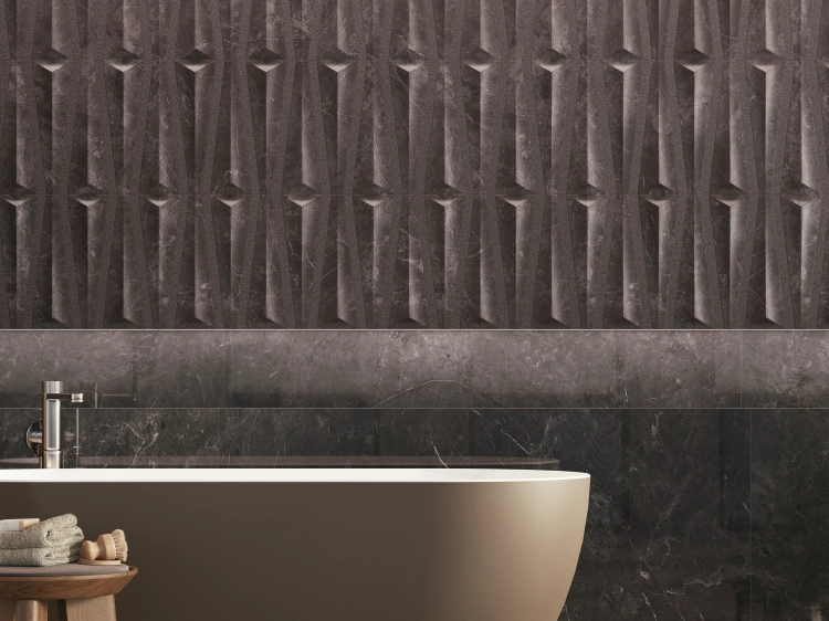 PORCELANOSA DECO NERO VELLUTO 59,6×150 cm – płytka ścienna w odcieniu głębokiej czerni (nero) wizualizacja.