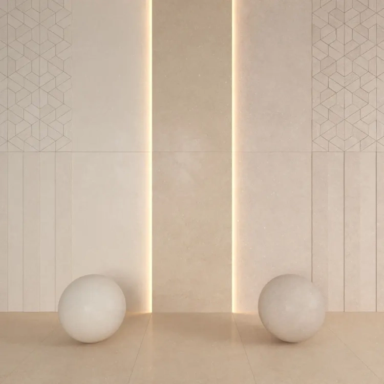 PORCELANOSA DECO TERRA TOPO 59,6×150 cm – płytka ścienna w odcieniu topo (beżowo-szarym) Wizualizacja.