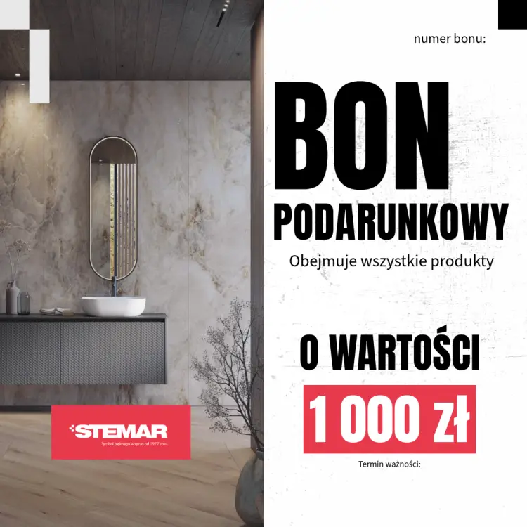 Baner Bon podarunkowy na płytki ceramiczne i wyposażenie łazienek w salonie Stemar - bon o wartości 1000 zł