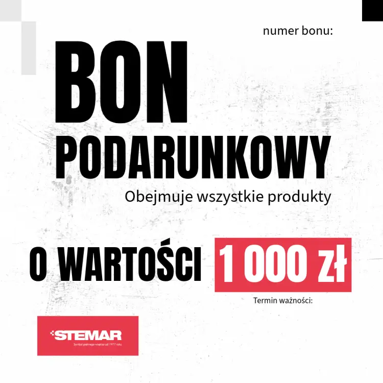Baner Bon podarunkowy na płytki ceramiczne i wyposażenie łazienek w salonie Stemar - bon o wartości 1000 zł - bez zdjęcia