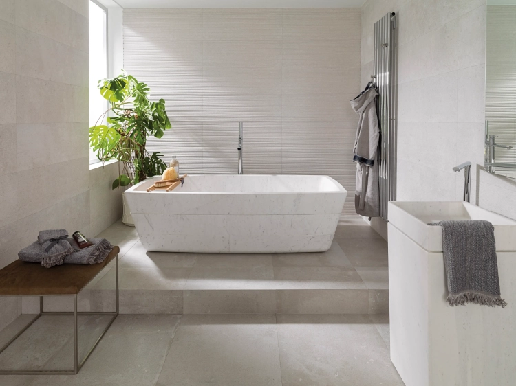 PORCELANOSA DOVER MODERN LINE CALIZA L 33,3×59,2 cm – jasny odcień caliza, płytka ścienna, wizualizacja.