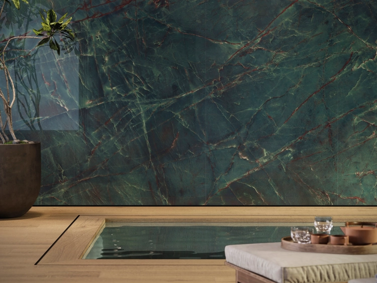 PORCELANOSA EMERALD GREEN POLISHED 02 120×270 cm – płytka ścienna w odcieniu zielonym (szmaragdowym), z kontynuacją wzoru (5 twarzy) Wizualizacja