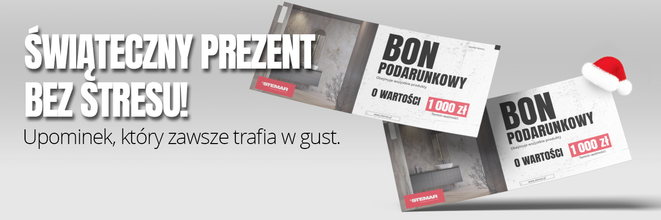 Baner Bon podarunkowy na płytki ceramiczne i wyposażenie łazienek w salonie Stemar - bon o wartości 1000 zł