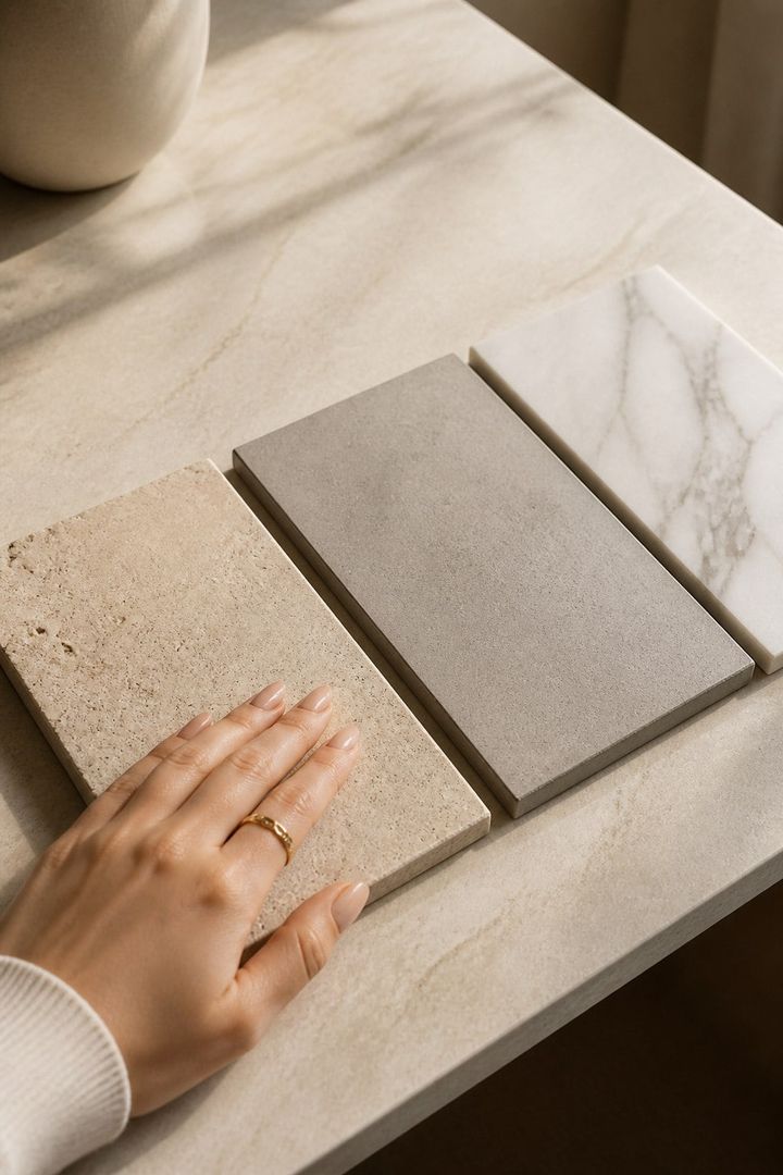 Dłoń sprawdzająca fakturę trzech próbek płytek ceramicznych